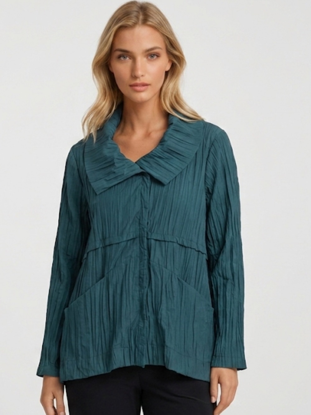 Kozan Crinkle Teal Women's Jacket with Wide Collar snap button closure small